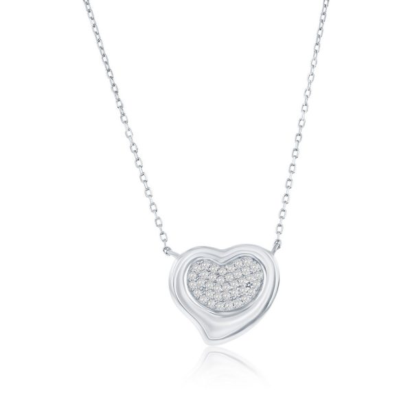 Sterling Silver, Puffed Polished & Pave CZ Heart Necklace