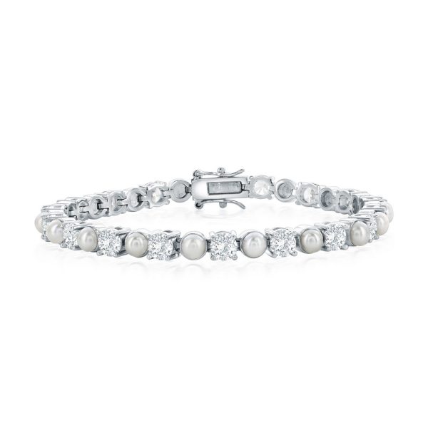 Sterling Silver, Alternating Pearl & CZ Tennis Bracelet