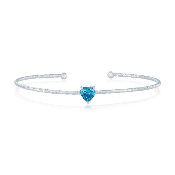 Sterling Silver, 'March' Birthstone CZ Heart Bangle - Aquamarine