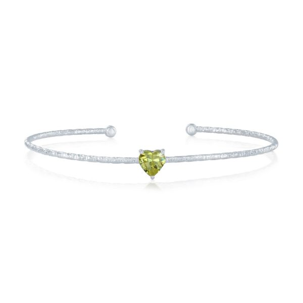 Sterling Silver, 'August' Birthstone CZ Heart Bangle - Peridot
