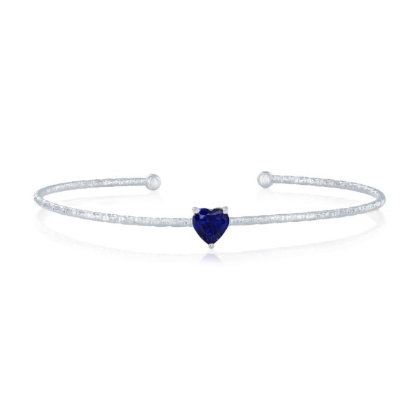 Sterling Silver, 'September' Birthstone CZ Heart Bangle - Sapphire
