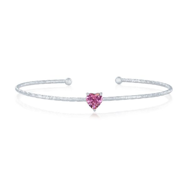 Sterling Silver, 'October' Birthstone CZ Heart Bangle - Pink